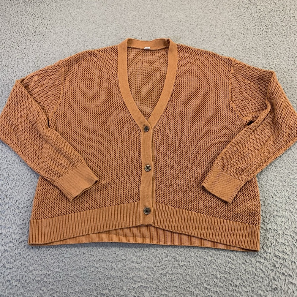 Uniqlo‎ Knit Cardigan Womens Medium Button Up Golden Brown Cuffed 100% Cotton